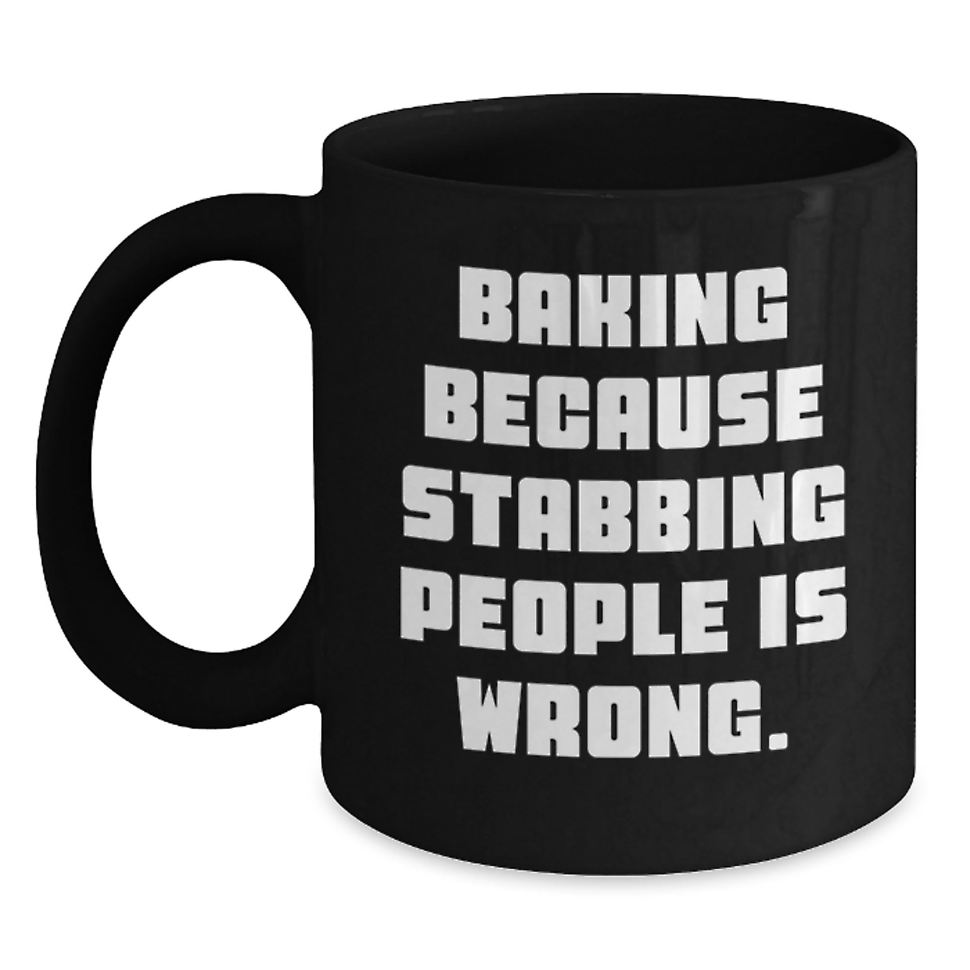 Funny Baking Gifts for Christmas, Black Coffee Mug with 'Baking Because Stabbing People Is Wrong.' Quote, Perfect for Baking Enthusiasts, Women, Men, Friends, Coworkers, Family - Main