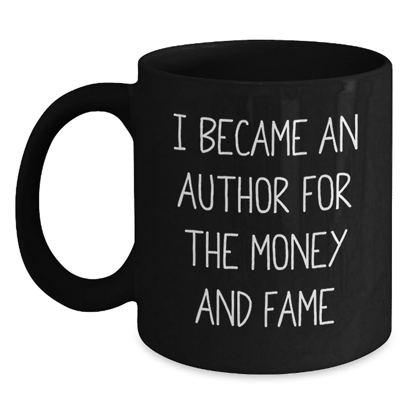 Funny Author Gifts from Friends for Author's Christmas Morning Black Coffee Mug - I Became An Author For The Money And Fame Gift - Main