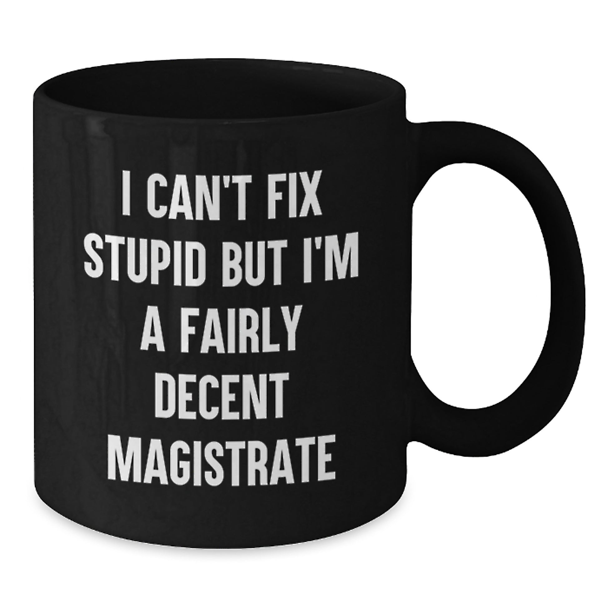 Magistrate Funny Gifts from Friends for Birthday, Black Coffee Mug, 'I Can't Fix Stupid But I'm A Fairly Decent Magistrate' - Additional
