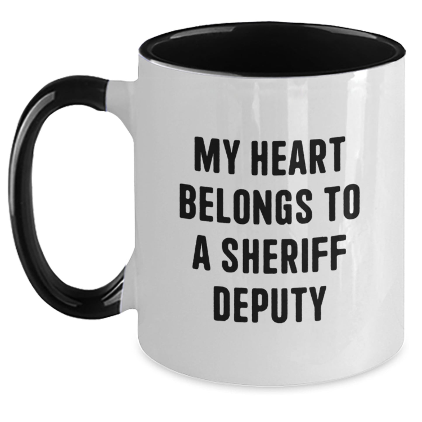 Funny Sheriff Deputy Gifts for Men from Family - Christmas Unique Mugs - 'My Heart Belongs To A Sheriff Deputy' Two Tone Coffee Mug, Black and White, 11oz - Main