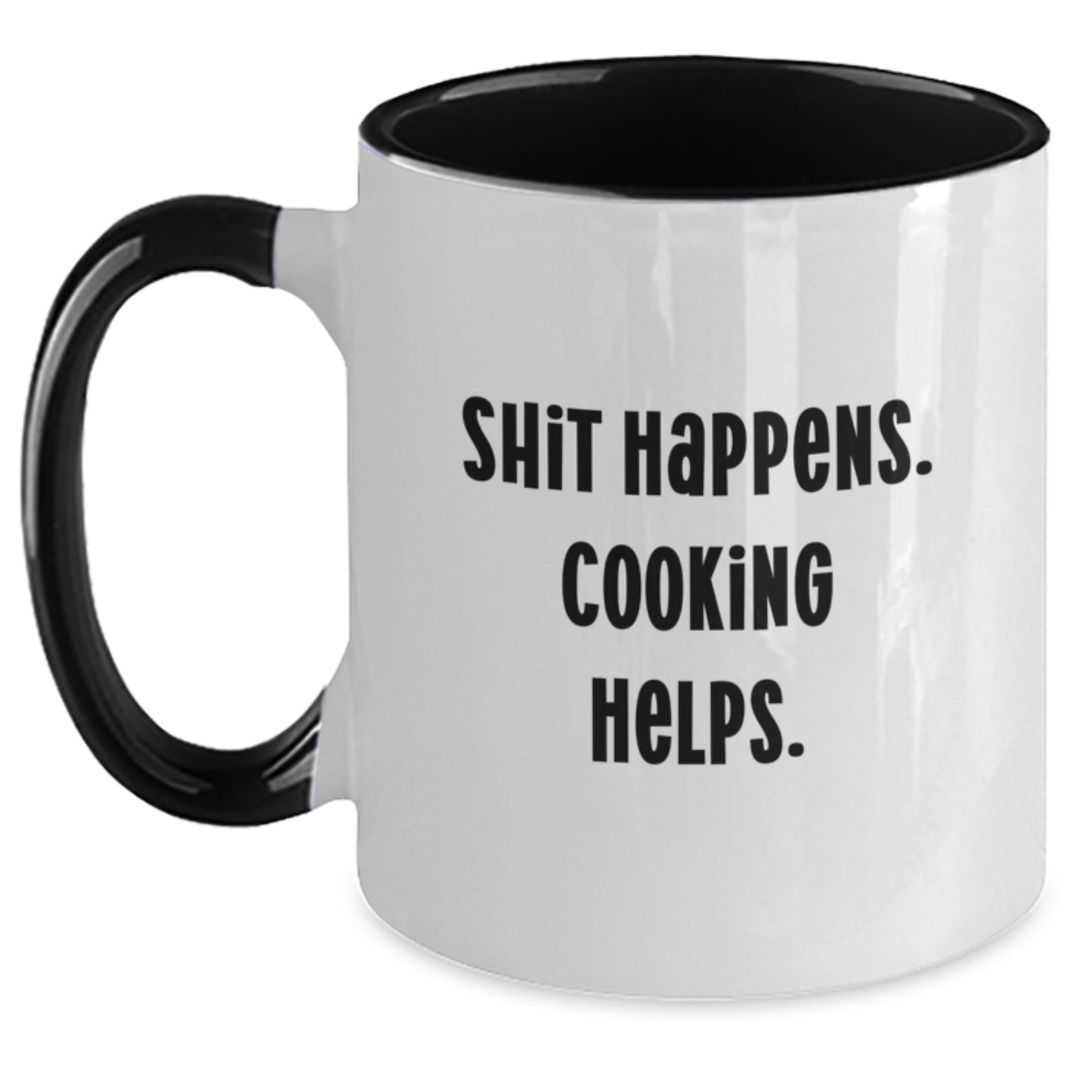 Funny Cooking Gifts from Men for Women, Two Tone Coffee Mug with Shit Happens. Cooking Helps. Quote, Christmas Unique Gifts - Main