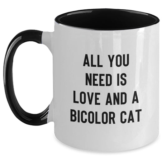 Funny Bicolor Cat Lover Gifts from Friends and Family, Unique Two Tone Coffee Mug, Christmas Unique Gifts for Bicolor Cat Enthusiasts, 'All You Need Is Love And A Bicolor Cat' Quote - Main