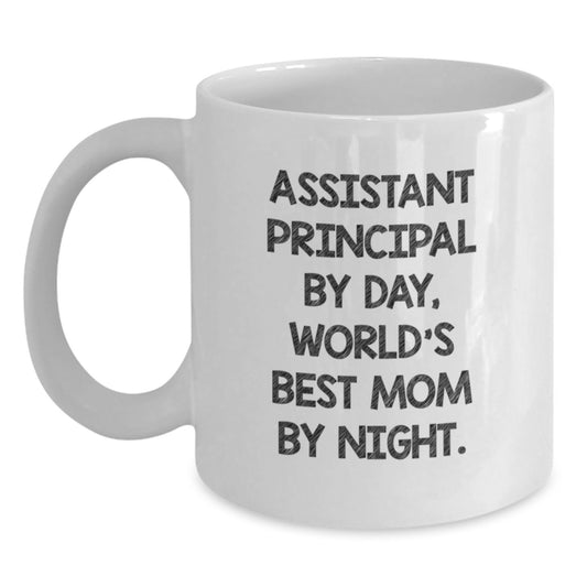 Funny Assistant Principal Gifts for Christmas - 'Assistant Principal By Day, World's Best Mom By Night' White Coffee Mug for Mom, Gifts from Family for Assistant Principal Woman - Main