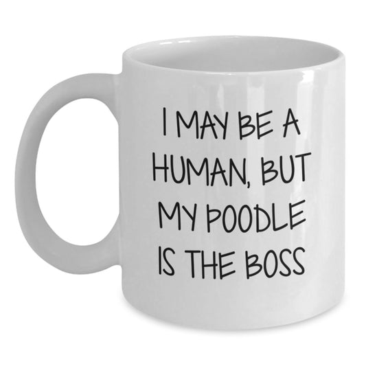 Funny Poodle Dog Gifts from Friends to Family - I May Be A Human, But My Poodle Is The Boss White Coffee Mug for Valentine's Unique Gifts - Main