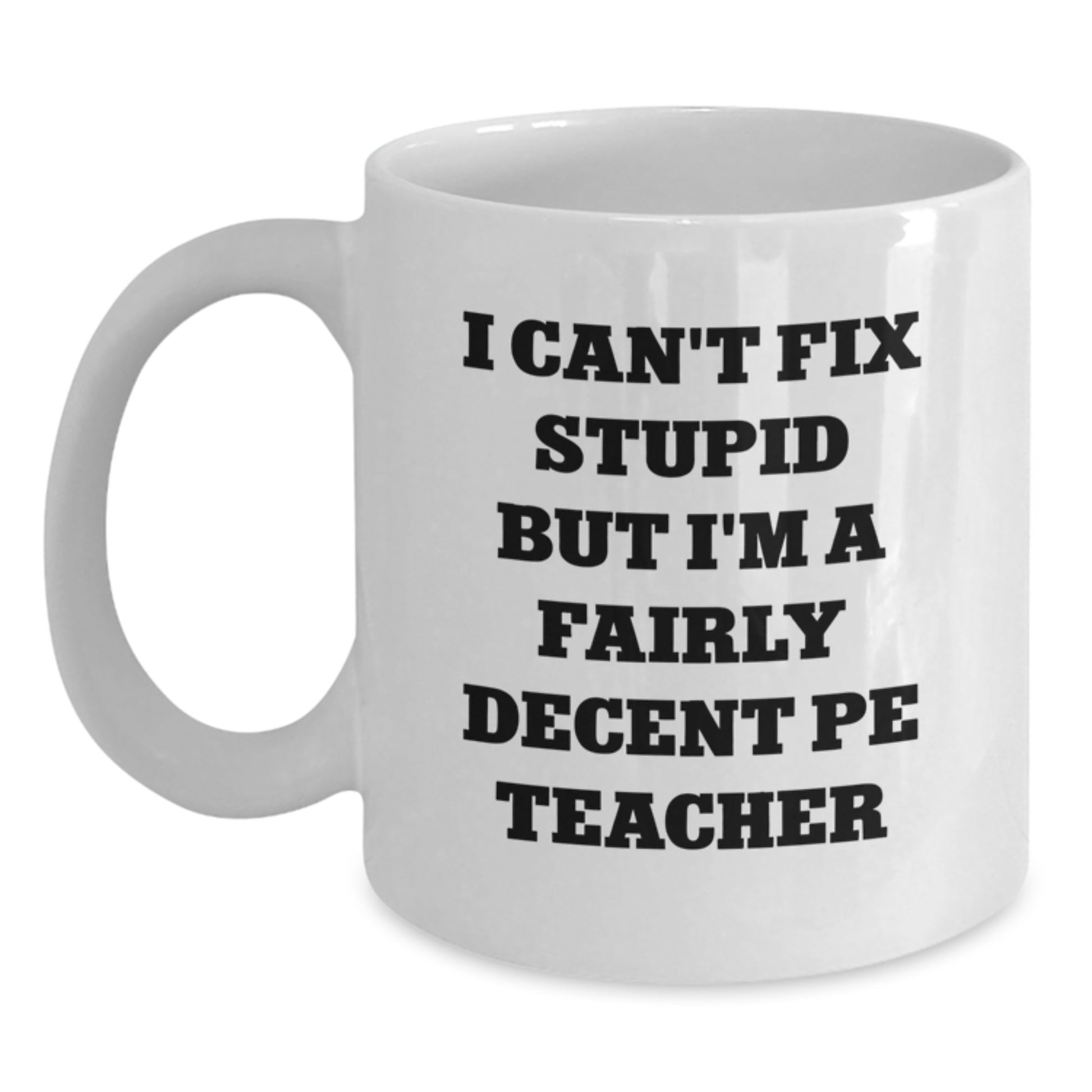 Funny PE Teacher Gifts from Friends - I Can't Fix Stupid But I'm A Fairly Decent PE Teacher White Coffee Mug, Birthday Unique Gifts for Men, Women, Coworkers, Family - Main