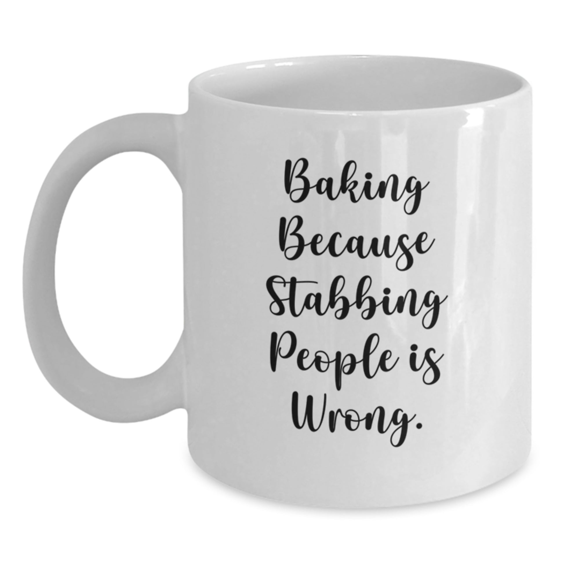 Funny Baking Gifts for Men, White Coffee Mug with 'Baking Because Stabbing People Is Wrong.', Unique Christmas Memorable Presents - Main