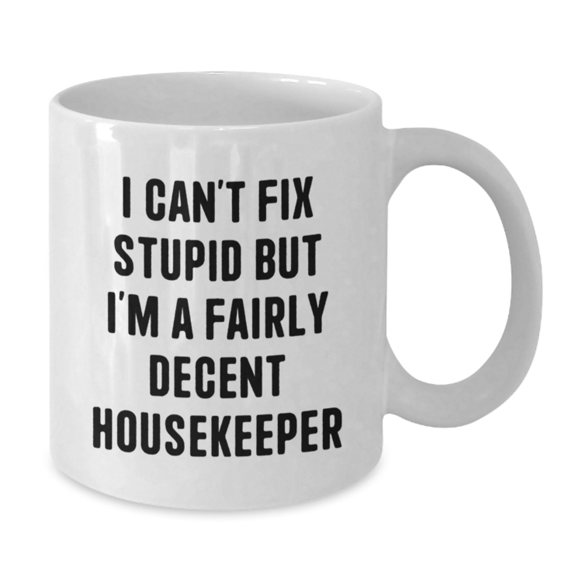 Housekeeper Humor Gifts from Friends - White Coffee Mug, Funny Quote for Birthday, I Can't Fix Stupid But I'm A Fairly Decent Housekeeper - Additional