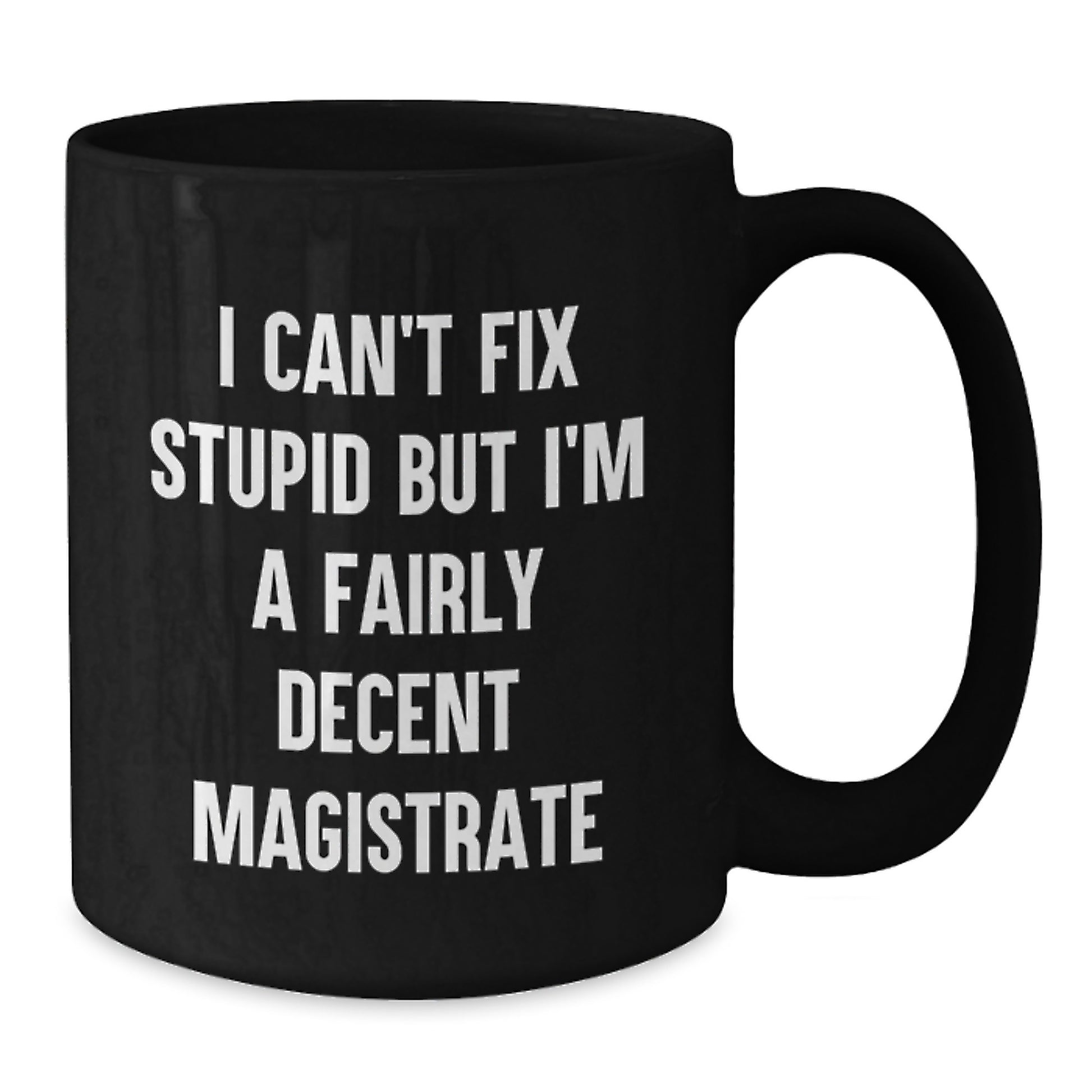 Magistrate Funny Gifts from Friends for Birthday, Black Coffee Mug, 'I Can't Fix Stupid But I'm A Fairly Decent Magistrate' - Additional