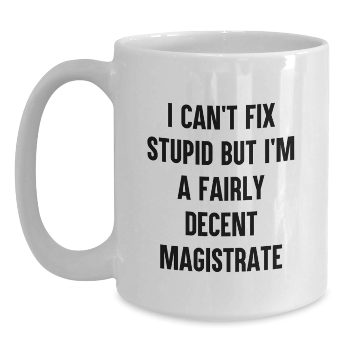Magistrate Humor Gifts for Men - Funny White Coffee Mug from Friends, 'I Can't Fix Stupid But I'm A Fairly Decent Magistrate', Birthday Unique Gifts - Main