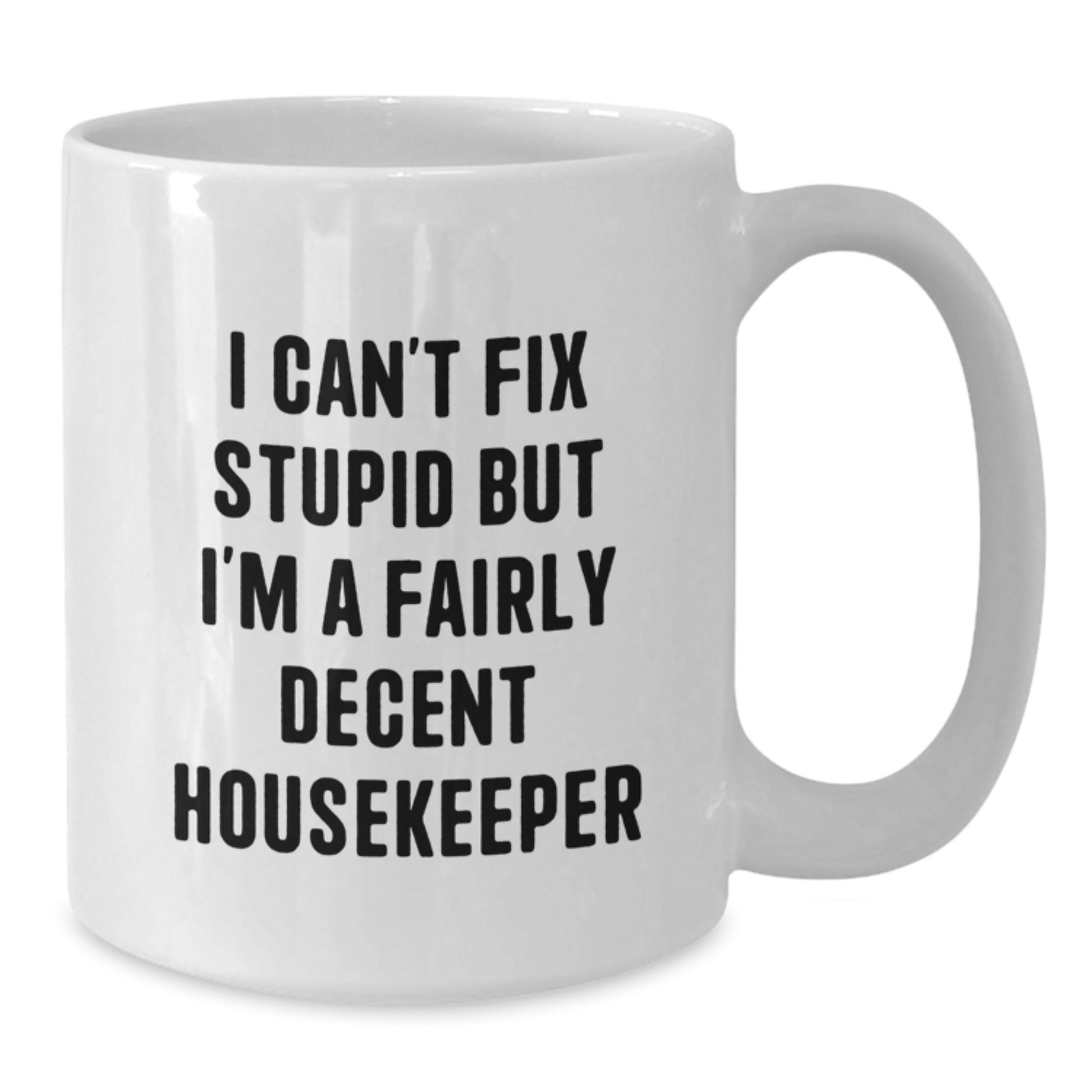 Housekeeper Humor Gifts from Friends - White Coffee Mug, Funny Quote for Birthday, I Can't Fix Stupid But I'm A Fairly Decent Housekeeper - Additional