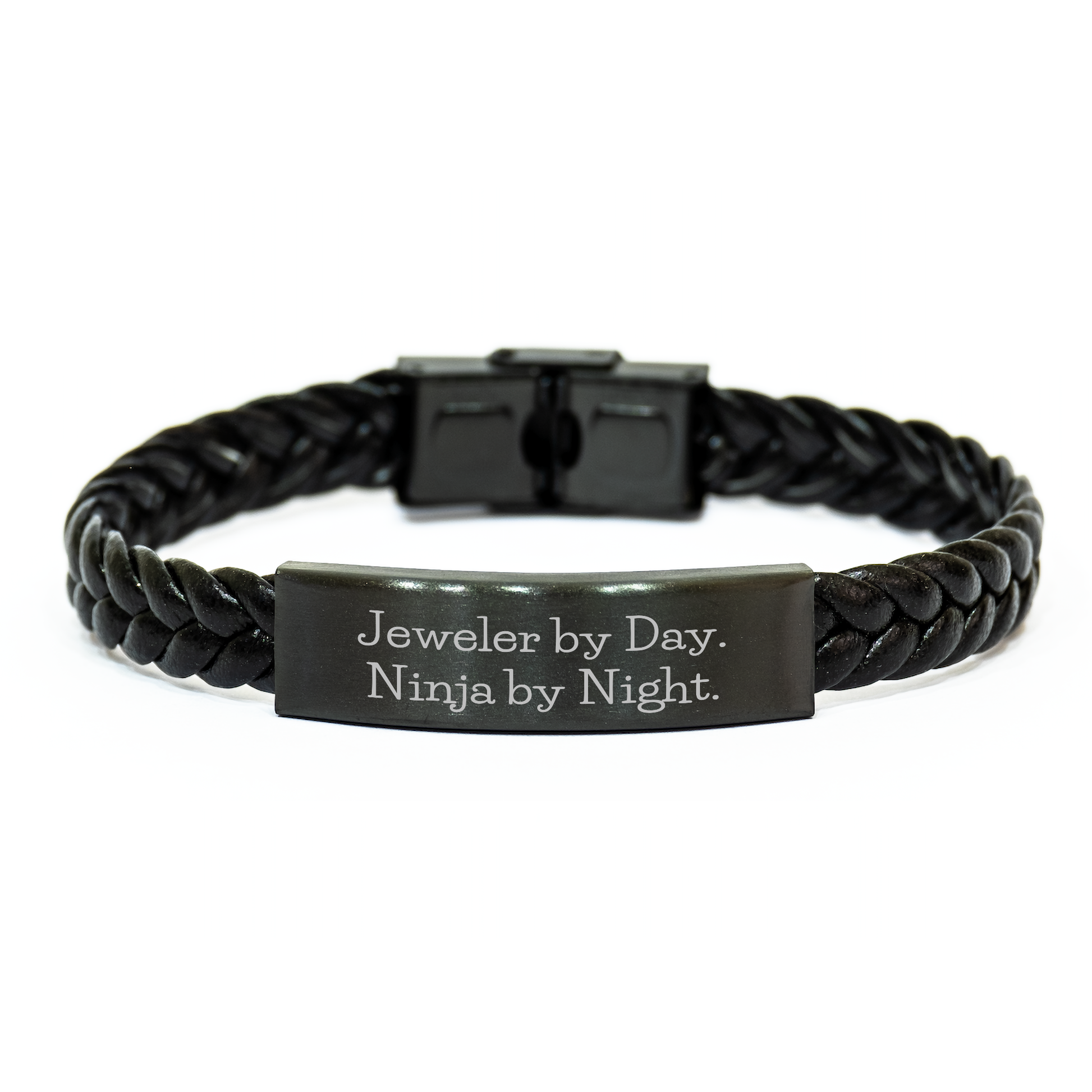 Jeweler's Gift, Interlaced Leather Bracelet, 'Jeweler By Day. Ninja By Night.' for Men from Friends, Unique Graduation Gifts, Leather Jewelry for Him - Image 1