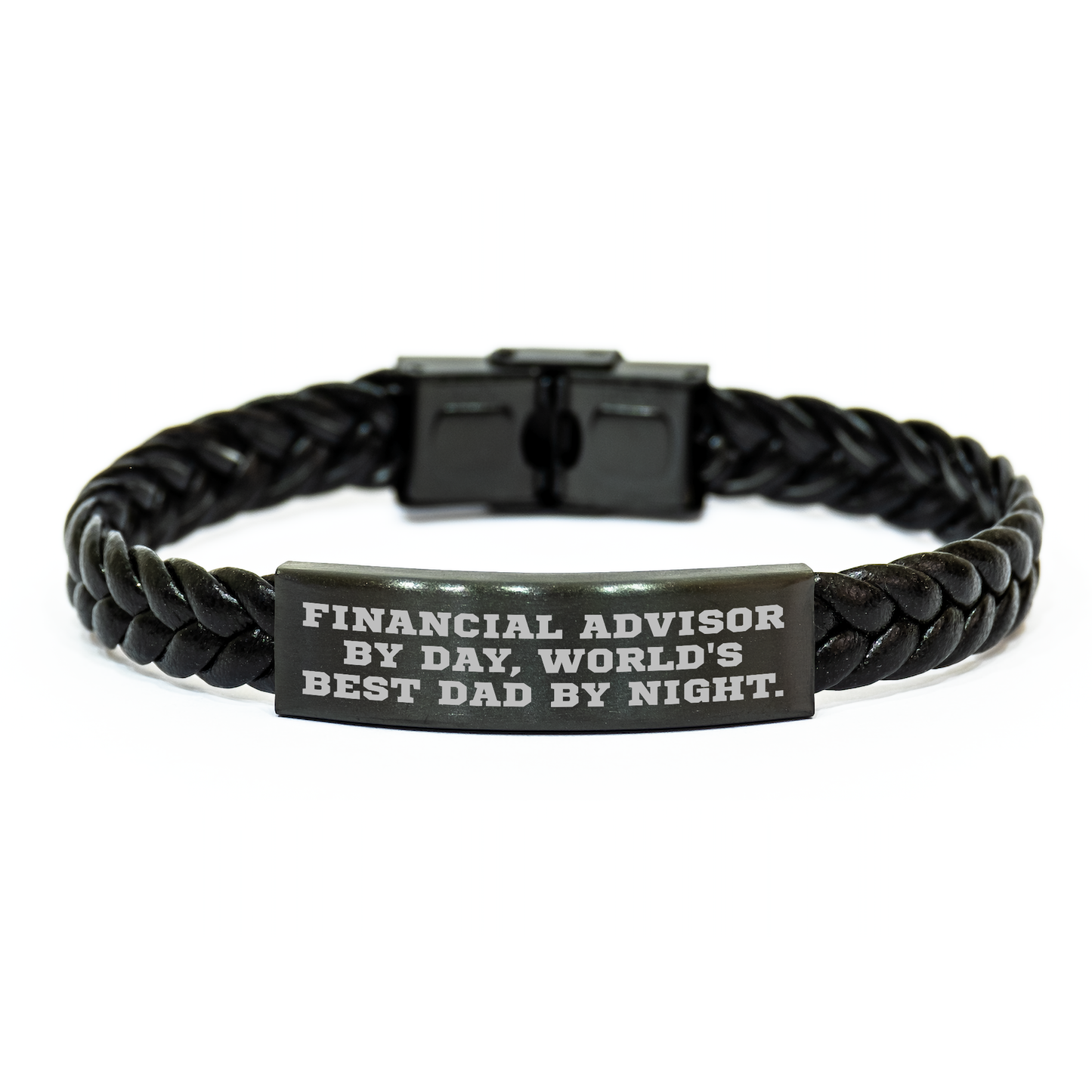 Financial Advisor Gifts, Funny Quote Interlaced Leather Braces for Graduation, 'Financial Advisor By Day, World's Best Dad By Night.' Leather Cuff from Friends - Image 1