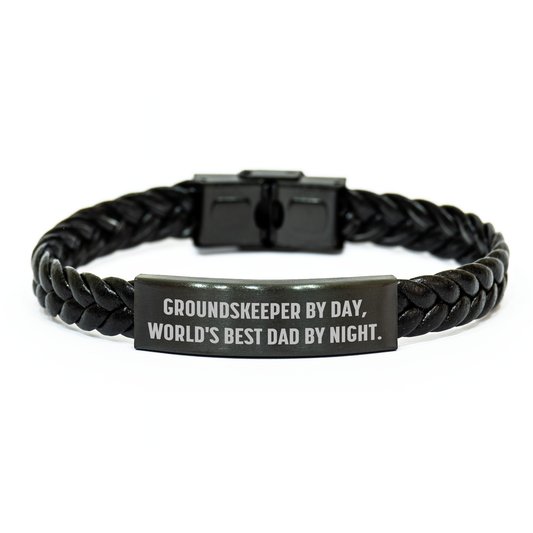 groundskeeper Gifts, Unique Interlaced Leather Bracelets for Men, Funny Quote 'groundskeeper By Day, World's Best Dad By Night' - Gift for groundskeeper, Graduation Unique Gifts from Friends - Image 1