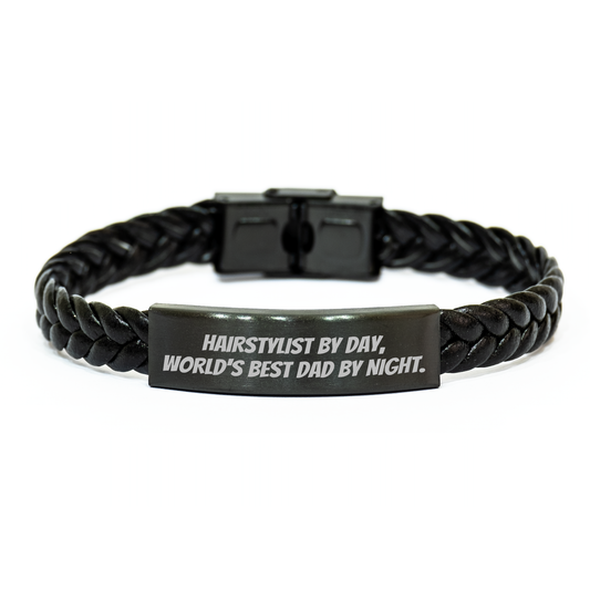 Hairstylist Gifts from Men, Funny Quote Interlaced Leather Braceltes for Hairstylists, Graduation Unique Gifts for World's Best Dad - Image 1