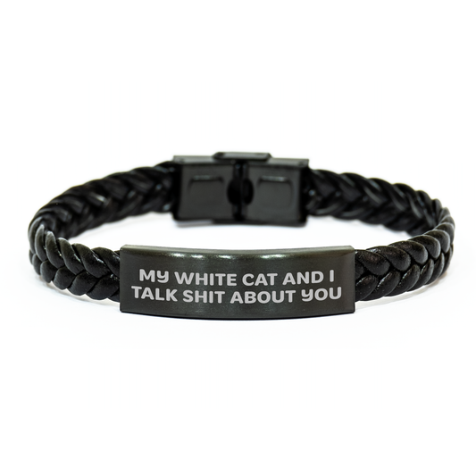Funny White Cat Gifts for Men from My White Cat And I Talk Shit About You Interlaced Leather Bracelets Graduation Unique Gifts for Friends - Image 1