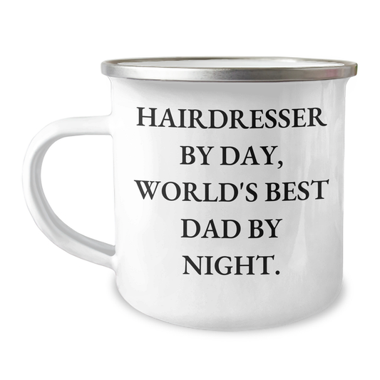 Funny Hairdresser Gifts for Graduation - World's Best Dad By Night, Enamel Camping Mug - Gifts from Men, Hairdresser's Proud - Image 1