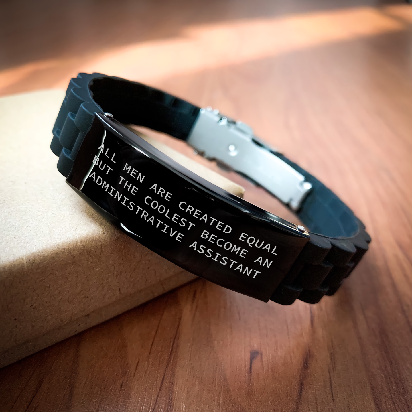 Funny Administrative Assistant Gifts for Men from Friends - 'All Men Are Created Equal But The Coolest Become An Administrative Assistant' Glide lock Clasp Bracelet for Graduation - Image 2