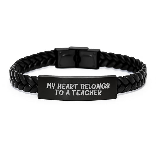 Funny Teacher Gifts, Inspirational Interlaced Leather Bracelet 'My Heart Belongs To A Teacher' Christmas Unique Gifts from Men, Women, Friends, Coworkers to Teachers - Image 1