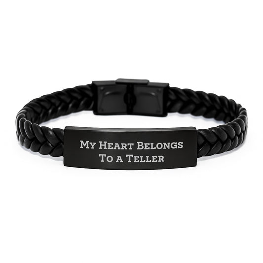 Funny Teller Gifts for Friends, Unique Interlaced Leather Bracelet with Stainless Steel Quote - My Heart Belongs To A Teller - Image 1