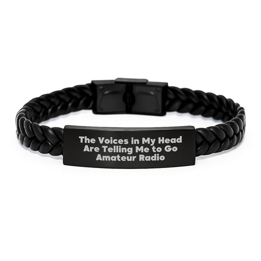 Funny Amateur Radio Engraved Interlaced Leather Bracelet Gifts from Men, Christmas Unique Gifts for Amateur Radio Operators, Humorous Quote 'Voices Telling Me To Go Amateur Radio' - Image 1