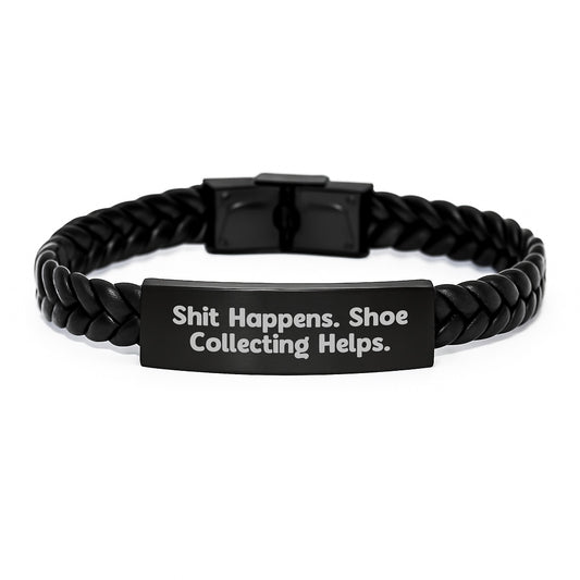 Funny Shoe Collecting Gift for Men from Family - Interlaced Leather Bracelet with Engraved Stainless Steel, Christmas Unique - Image 1