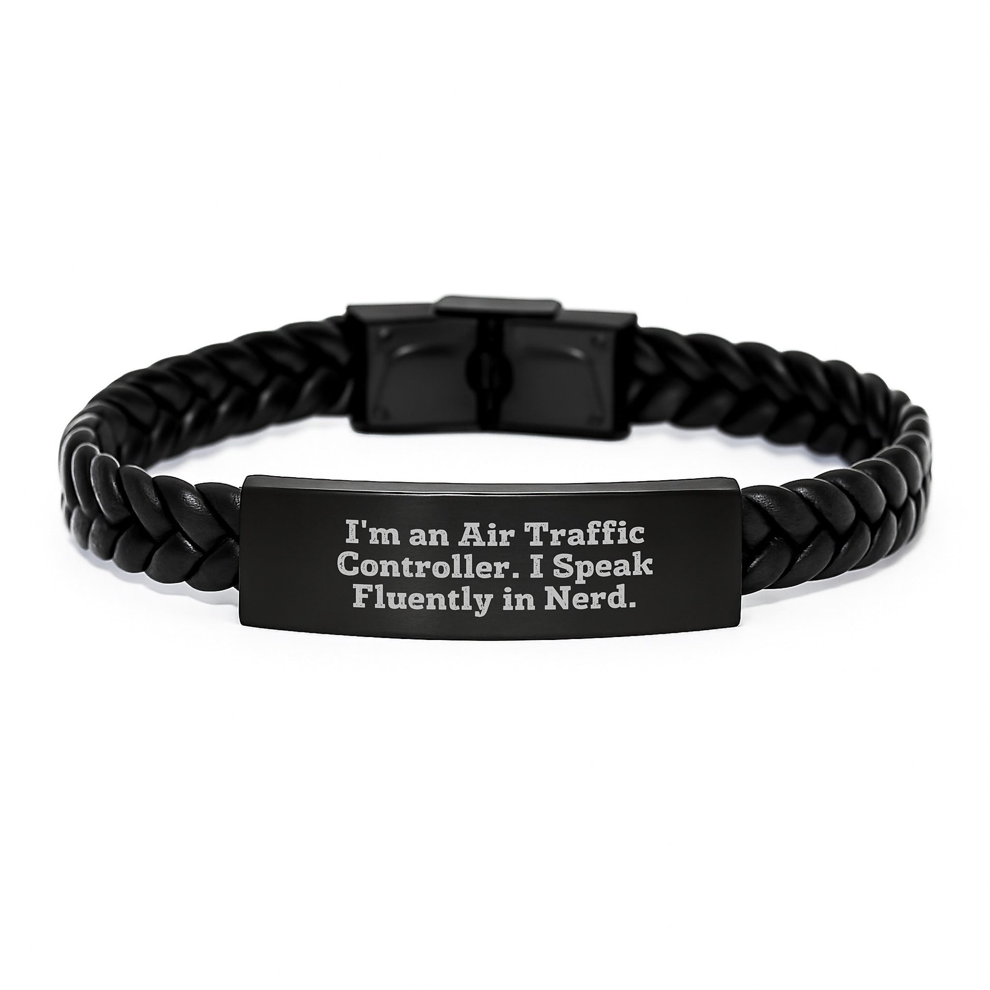 Funny Air Traffic Controller Gifts from Friends, Christmas Unique Gifts for Men, Interlaced Leather Bracelet with Quote 'I'm An Air Traffic Controller. I Speak Fluently In genius.' - Image 1