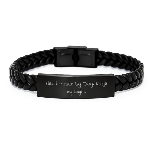 Funny Hairdresser Gifts from Men to Hairdresser By Day. Ninja By Night. Interlaced Leather Birthday Unique Gifts - Image 1