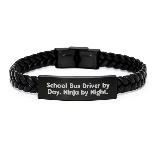 Funny Christmas Unique Gifts for School Bus Driver - Interlaced Leather Bracelet - School Bus Driver By Day. Ninja By Night. - Image 1