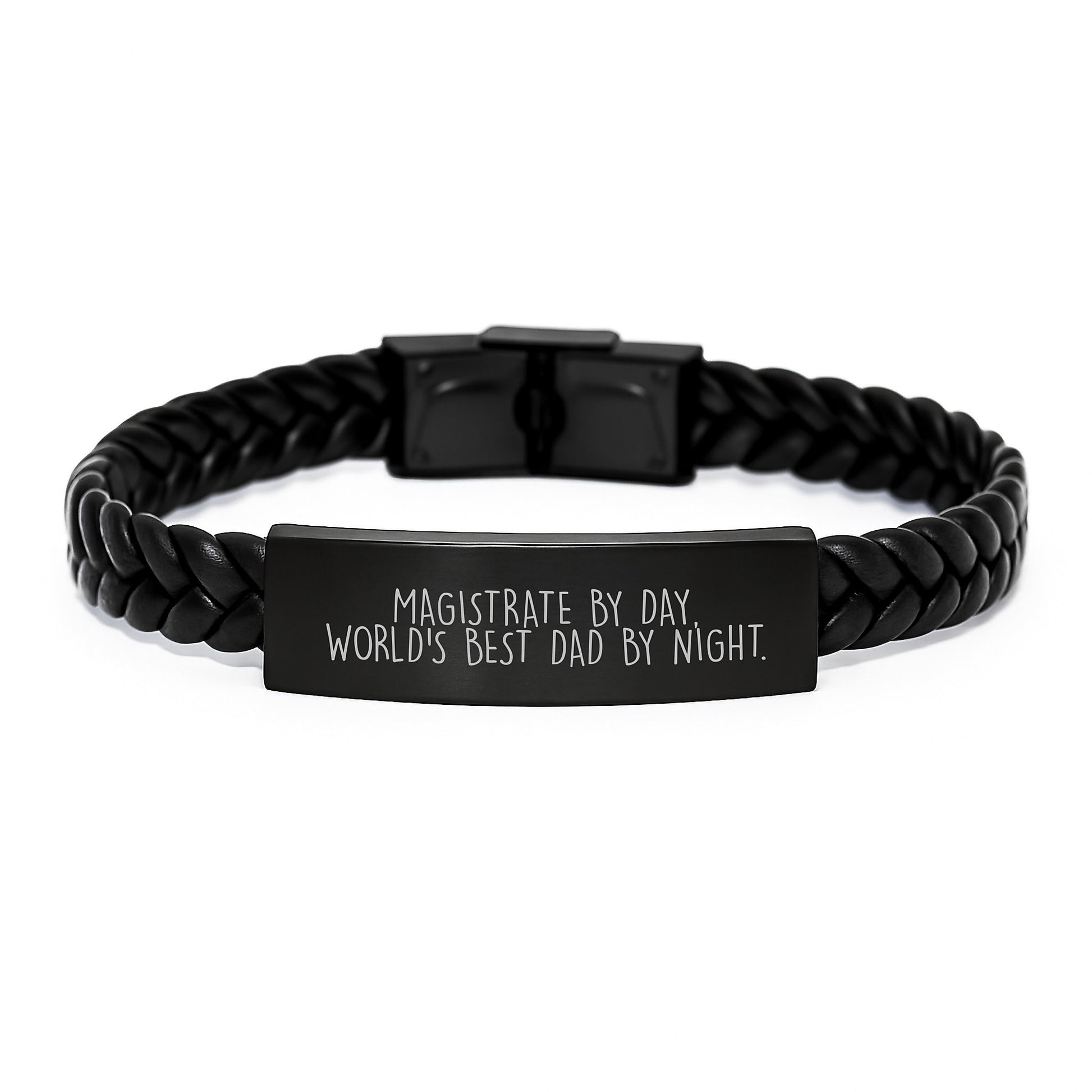 Magistrate By Day, World's Best Dad By Night. Interlaced Leather Birthday Unique Gifts for Him from Family - Funny Quote Leather Wristband - Image 1