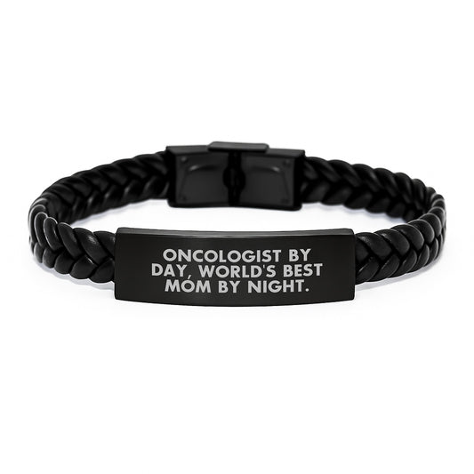 Oncologist Gifts from Family, Inspirational Interlaced Leather Bracelet for Oncologist By Day, World's Best Mom By Night. Christmas Unique Presents - Image 1