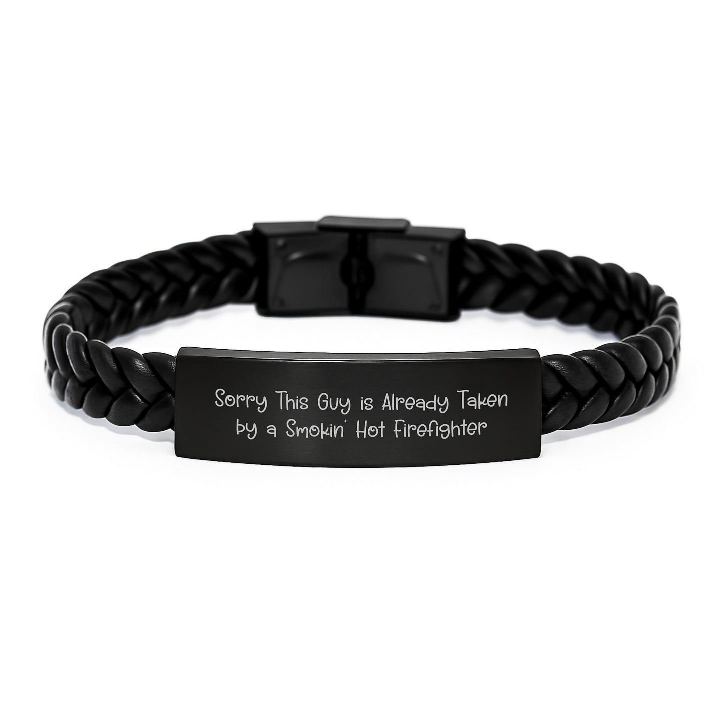 Funny Firefighter Gifts, Sorry This Guy Is Already Taken By A Smokin' Hot Firefighter Interlaced Leather Bracelet for Men, Graduation Unique Gifts from Friends, Coworkers - Image 1