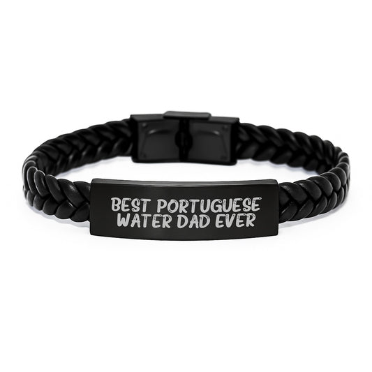 Funny Portuguese Water Dog Dad Gifts from Family - Best Portuguese Water Dad Ever Quote Interlaced Leather Bracelet for Birthday - Image 1