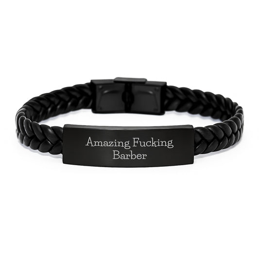 Funny Barber Gifts, Christmas Unique Leather Bracelets for Men, Interlaced Leather Bracelet with Stainless Steel for Friends, 'Amazing F--king Barber' Quote - Image 1