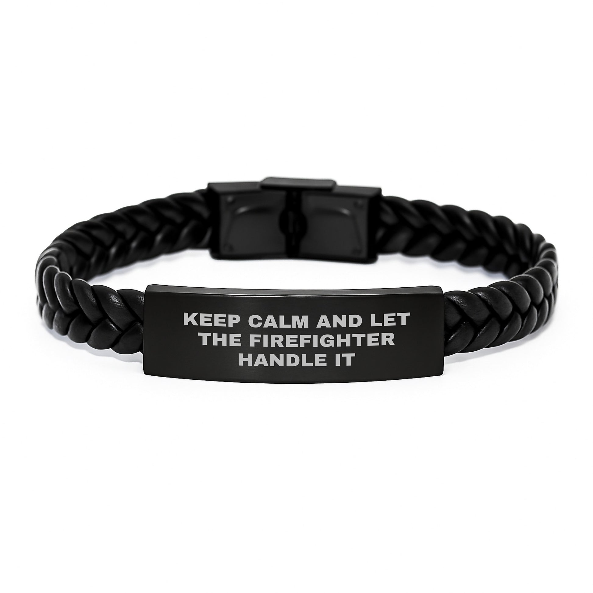 Funny Firefighter Gifts from Men for Firefighter Christmas Unique Gifts - Interlaced Leather Bracelet for Firefighters with Keep Calm And Let The Firefighter Handle It Quote - Image 1