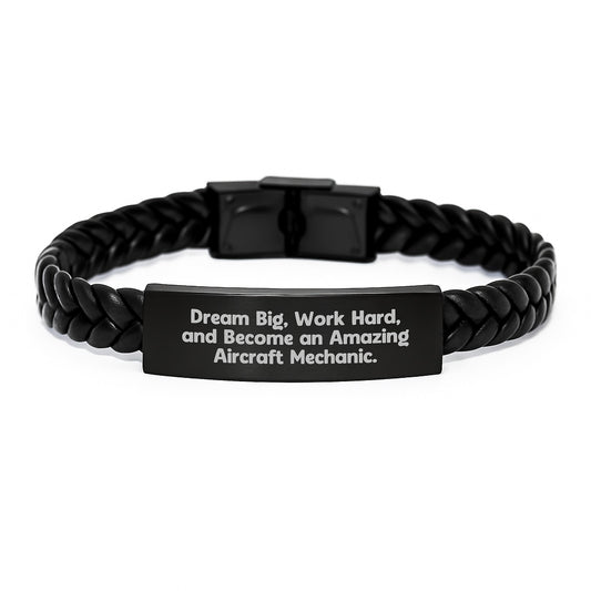 Aircraft Mechanic Gifts from Friends, Inspirational Interlaced Leather Bracelet for Men, Graduation Unique Gifts with Quote, 'Dream Big, Work Hard, And Become An Amazing Aircraft Mechanic' - Image 1