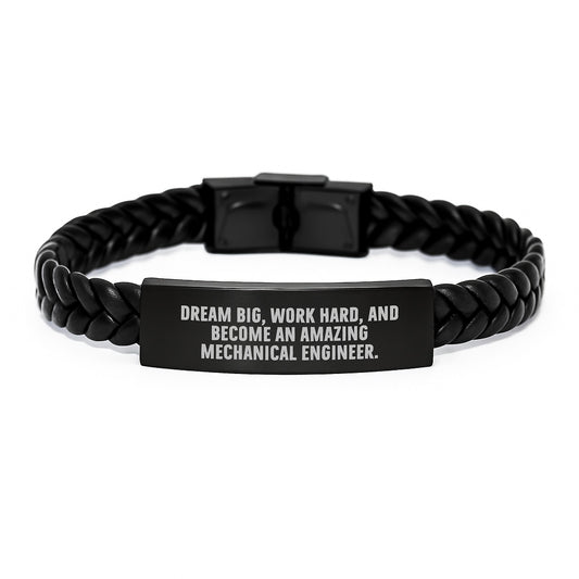 Inspirational Gifts for Mechanical Engineer Friends from Men, Unique Interlaced Leather Bracelet with Stainless Steel, 'Dream Big, Work Hard, And Become An Amazing Mechanical Engineer.' - Image 1