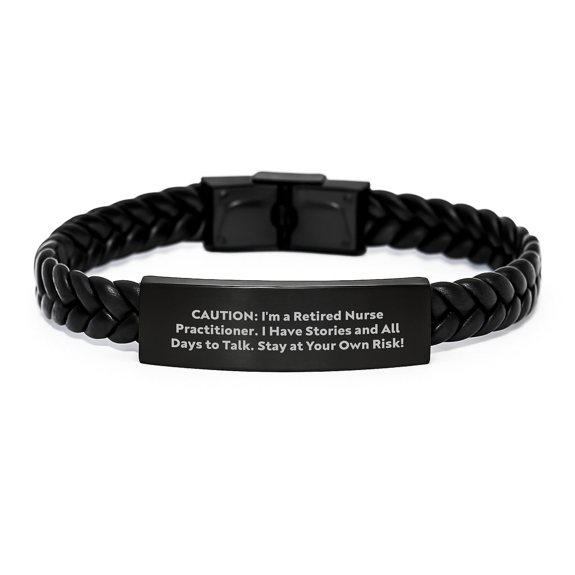 Nurse Practitioner Graduation Gifts from Friends to Women, 'Caution: I'm A Retired Nurse Practitioner... Stay At Your Own Risk!' Interlaced Leather Bracelet - Image 1