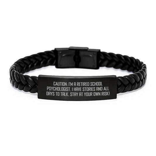 Funny School Psychologist Gifts, Interlaced Leather Bracelet with Caution Quote, Perfect for Coworkers or Friends this Christmas Season - Image 1