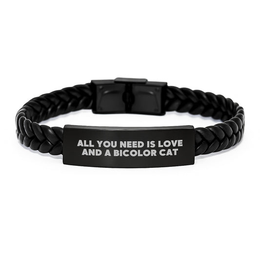 Funny Bicolor Cat Gifts from Friends, Women, Family for Men, Bicolor Cat Interlaced Leather Bracelet with 'All You Need Is Love And A Bicolor Cat' Quote, Unique Christmas Unique Gifts - Image 1