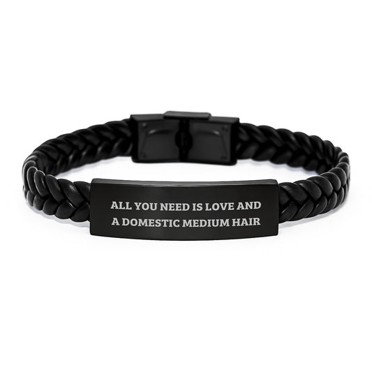 Domestic Medium Hair Lover's Gift, 'All You Need Is Love' Interlaced Leather Bracelet for Cat Enthusiasts, Christmas Unique Presents from Friends - Image 1