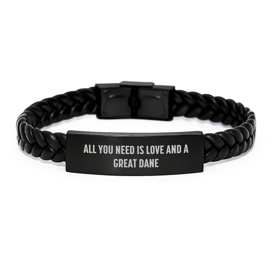 Funny Great Dane Dog Christmas Unique Gifts from Men to Great Dane Dog Lovers with Interlaced Leather Bracelet, All You Need Is Love And A Great Dane - Image 1