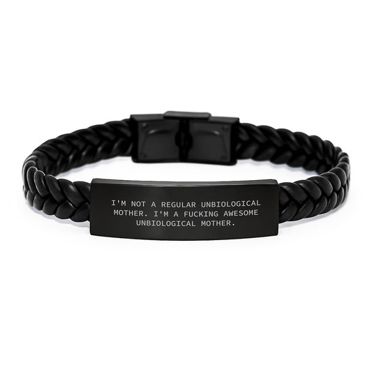 Funny Unbiological Mother Gifts for Her - Interlaced Leather Bracelet, Engraved Stainless Steel, 7.87 inches, Perfect Graduation Unique Gifts from Friends to Unbiological Mother - Image 1