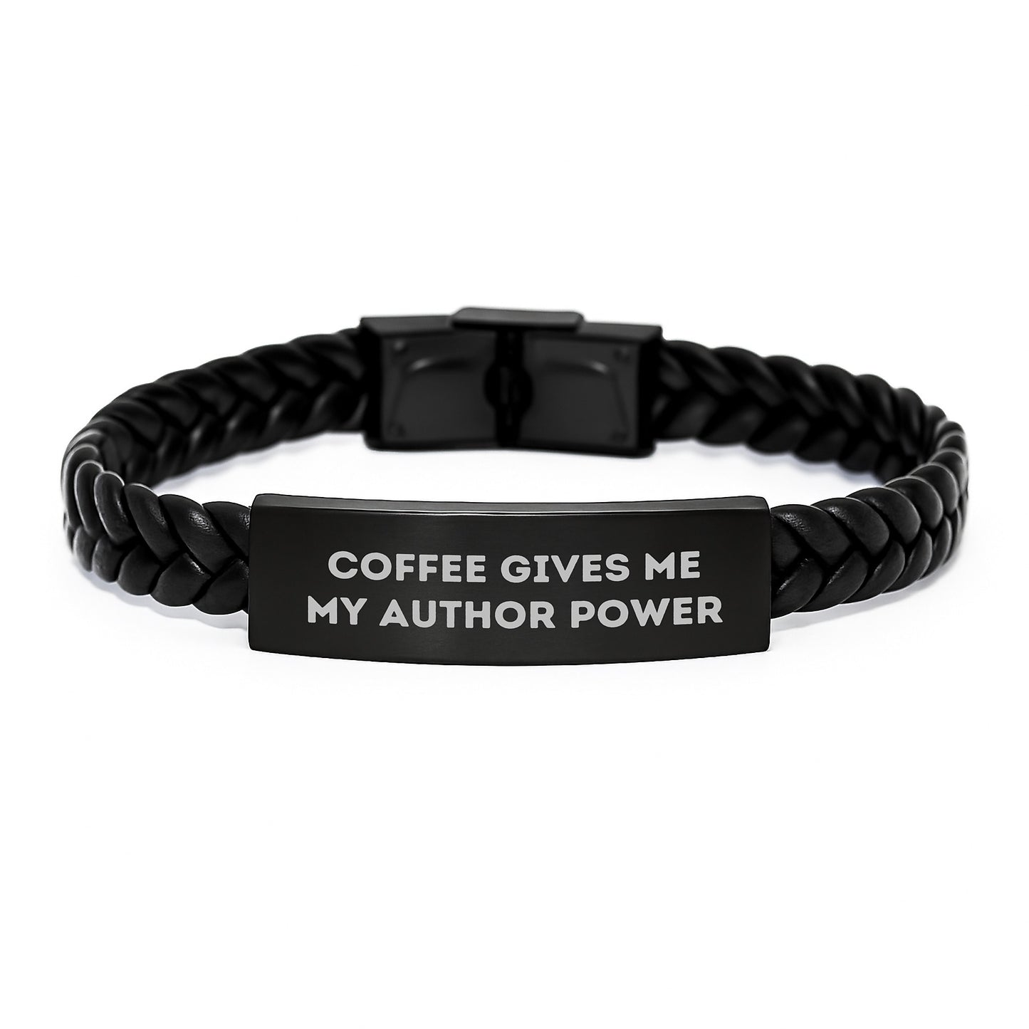 Author's Power Gift for Him or Her, Funny Quote Coffee Gives Me My Author Power Interlaced Leather Bracelet, Gifts from Men, Gifts for Author, Birthday Unique Gifts - Image 1