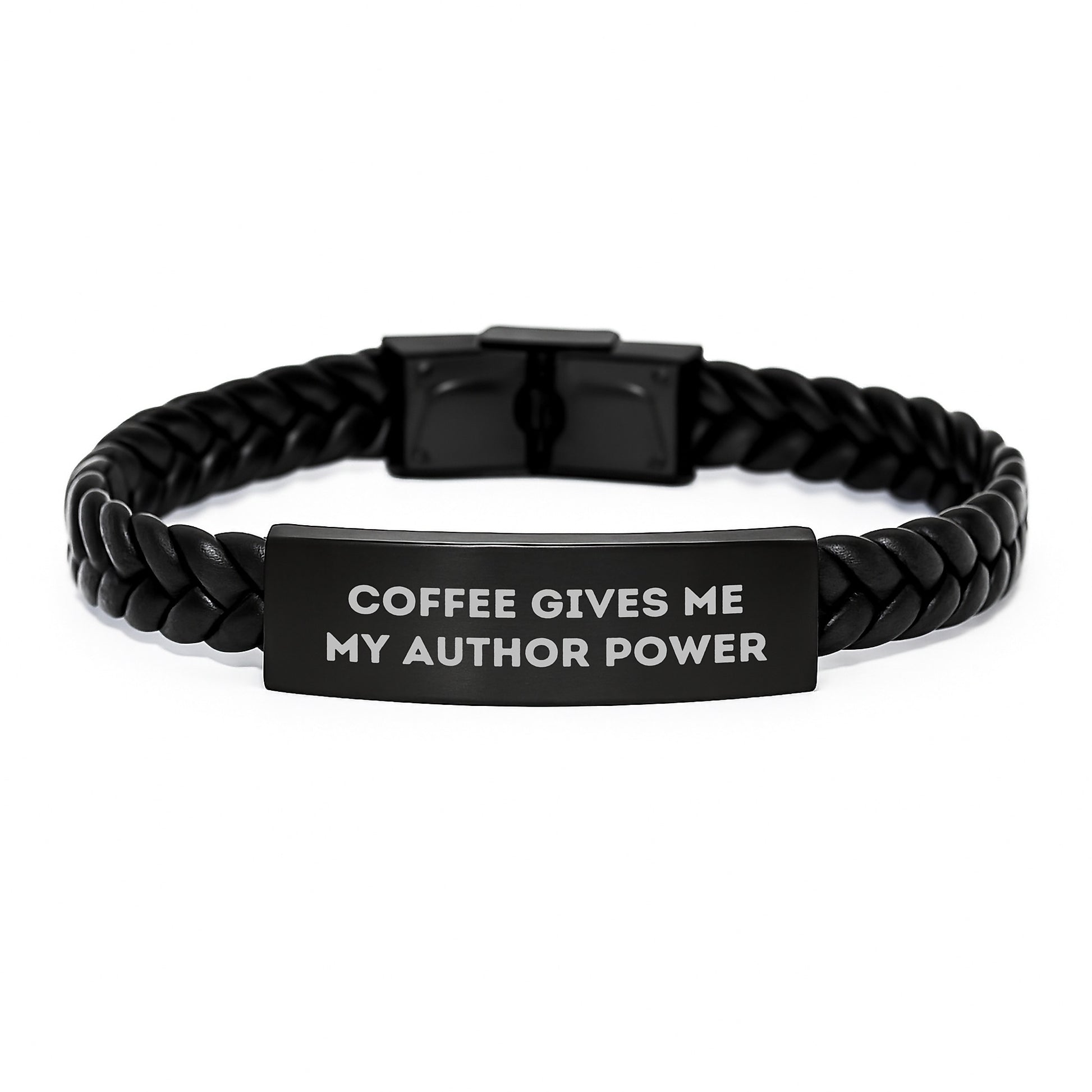 Author's Power Gift for Him or Her, Funny Quote Coffee Gives Me My Author Power Interlaced Leather Bracelet, Gifts from Men, Gifts for Author, Birthday Unique Gifts - Image 1