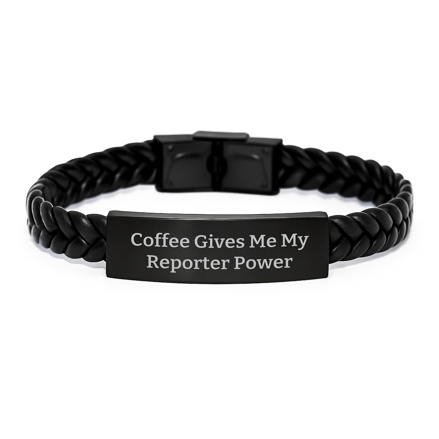 Funny Reporter Gifts - Interlaced Leather Bracelet, Coffee Gives Me My Reporter Power - Christmas Unique Gifts for Men, Reporter Friends, Coworkers - Image 1