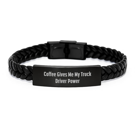 Truck Driver Gifts from Friends - 'Coffee Gives Me My Truck Driver Power' Interlaced Leather Bracelet for Men - Graduation Unique Gifts - Image 1