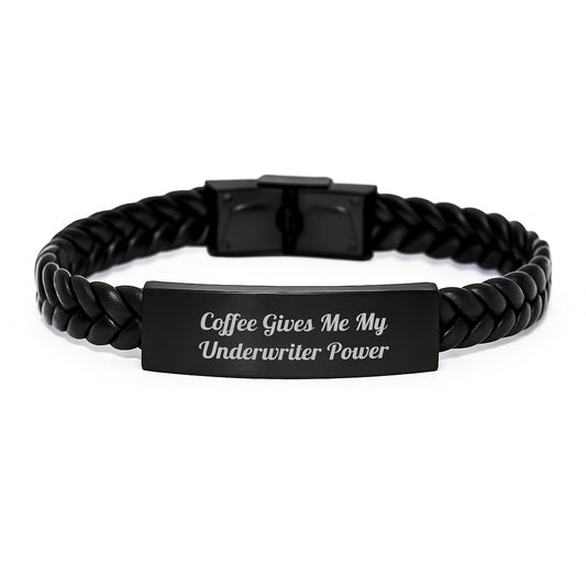 Underwriter Gifts from Friends, Graduation Unique Underwriter Power Interlaced Leather Bracelet, Funny Quote: 'Coffee Gives Me My Underwriter Power' for Men, Women, and Coworkers - Image 1