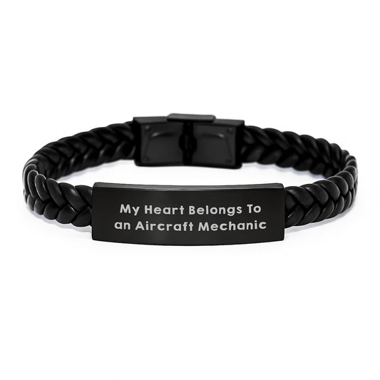 Gifts for Aircraft Mechanic Men - 'My Heart Belongs To An Aircraft Mechanic' Inspirational Interlaced Leather Bracelet, Christmas Unique Gifts, Men, Friends - Image 1