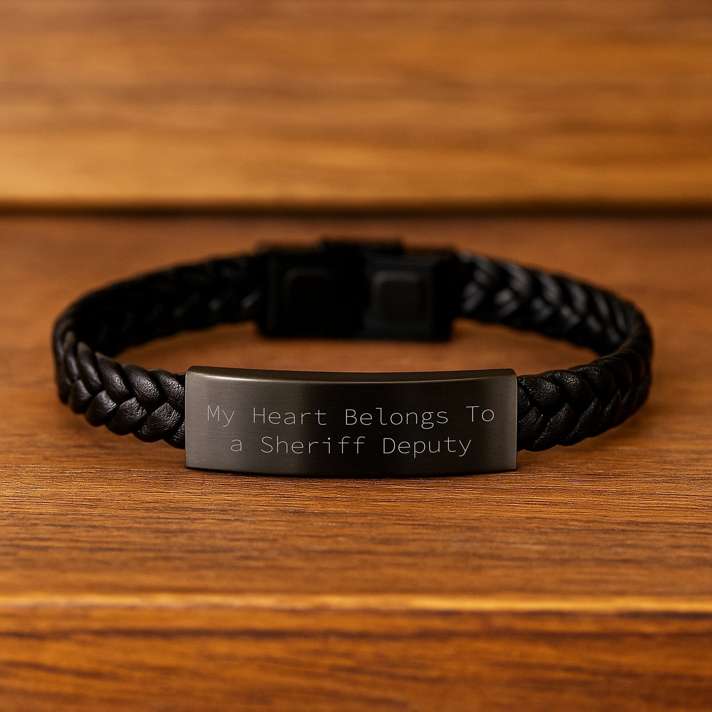 Funny Sheriff Deputy Gifts for Men, Engraved Interlaced Leather Bracelet with My Heart Belongs To A Sheriff Deputy, Christmas Unique Gifts from Men - Image 2