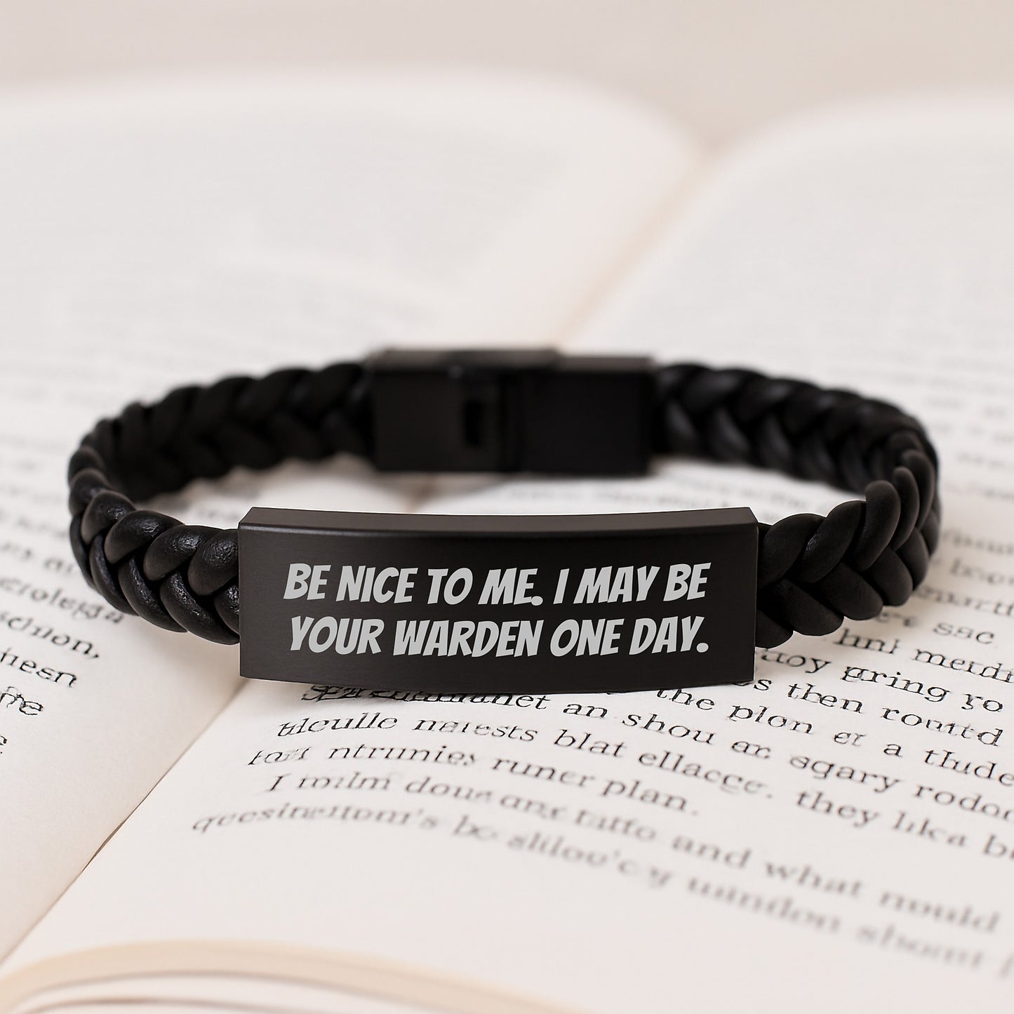 Warden Inspired Funny Interlaced Leather Bracelet Gifts from Friends to Warden on Graduation Day, Be Nice To Me. - Image 3